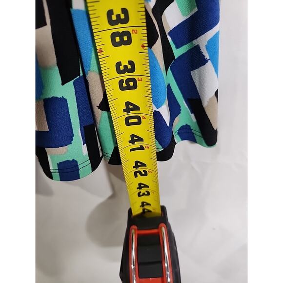 Dressbarn Dress Size 10 Blue & Black Geometric Print Scoop Neck Ruched Waist - Picture 8 of 8